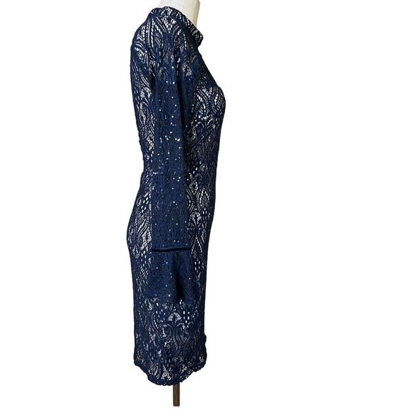 Seqiun Hearts Blue Lace Cocktail Dress with Bell Sleeves - Size 9 - Picture 2 of 6
